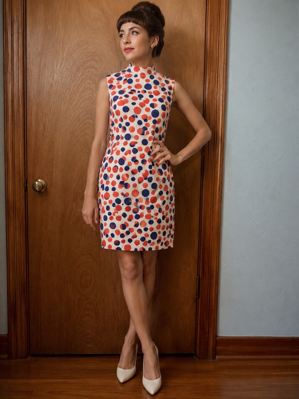 Vintage Handmade Sleeveless Polka Dot Shift Dress Patriotic Fourth Of July